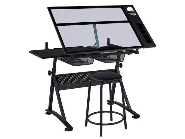 Drafting Table w/Stool Height Adjustable Multifunctional Art Craft Artists Desk Tilting Glass Tabletop Diamond Paintings Work Station w/2 Storage...