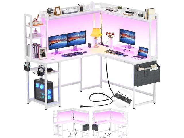 L Shaped Desk with Power Outlet, L Shaped Gaming Desk with Led Light & Hutch, Reversible Home Office Desk, Corner Computer Desk Writing Desk with...