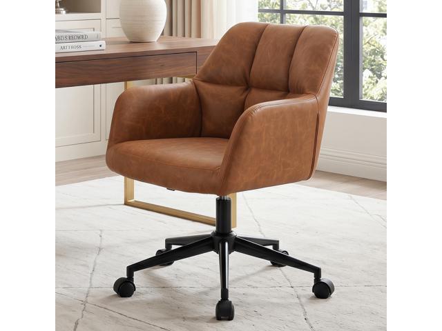 Brown Leather Desk Chair Office Chair with Mid Back Support Armrest, Adjustable-Height 360° Swivel Rolling Task Chair Home Office Modern Vanity.