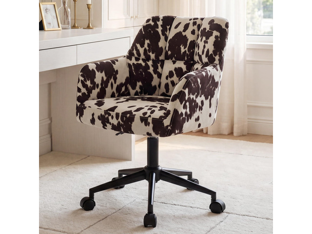 Cow Print Desk Chair Velvet Office Chair, 360° Swivel Work Chair with Mid Back Support Armrest, Adjustable-Height Upholstered Chair for Living...
