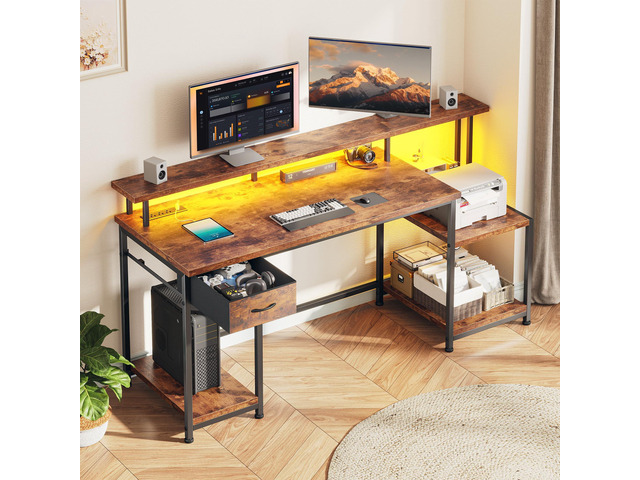 Computer Desk with 55' Long Monitor Stand and 18' Ample Printer Space, Home Office Desk With RGB Lights and 3 AC Power Outlets, Zoned Storage...