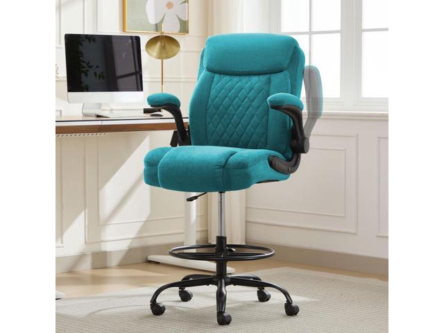 Drafting Chair for Standing Desk Tall Office Chair with Adjustable Height & Foot Ring, Flip-Up Arms, Lumbar Support Comfortable Fabric Seat,...