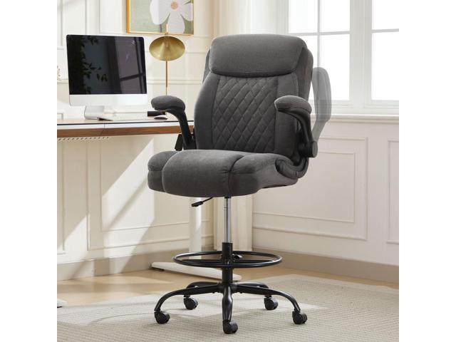 Drafting Chair for Standing Desk Tall Office Chair with Adjustable Height & Foot Ring, Flip-Up Arms, Lumbar Support Comfortable Fabric Seat,...
