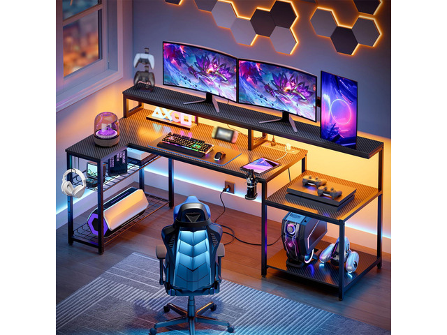 LED Gaming Desk with Power Outlets, 71 inch L Shaped Computer Desk with Monitor Stand, Large Desk with Printer Stand Adjustable Shelf, Cup Holder &...