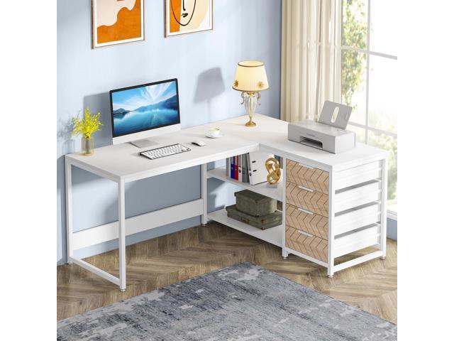 L Shaped Computer Desk with Storage Drawers, 59 inch Corner Desk with Shelves, Reversible L-Shaped Office Desk Study Writing Table Workstation for.