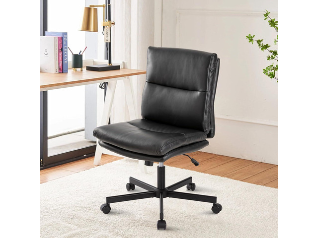 Armless Office Desk Chair with Wheels, Mid-Back Criss Cross Swivel Task Chair, Height Adjustable Cushioned Vanity Chair, Double Padded PU-Leather...