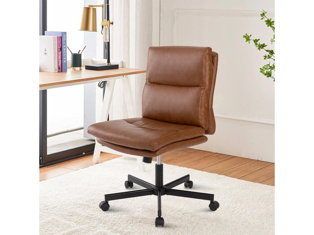 Armless Office Desk Chair with Wheels, Mid-Back Criss Cross Swivel Task Chair, Height Adjustable Cushioned Vanity Chair, Double Padded PU-Leather...