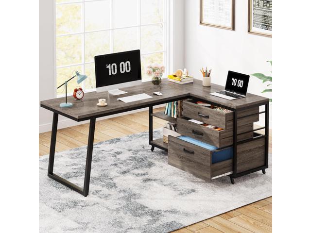 L-Shaped Desk with 3 Drawers, Reversible Corner Home Office Computer Desk with Shelves, 53-Inch Industrial PC Desk Study Writing Table Workstation...