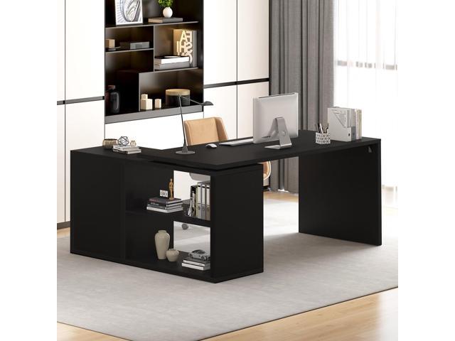 Black L Shaped Computer Desk, Corner Desk with Storage Cabinet Shelves, Reversible Industrial Wood Executive Workstation, L-Shaped Home Office...