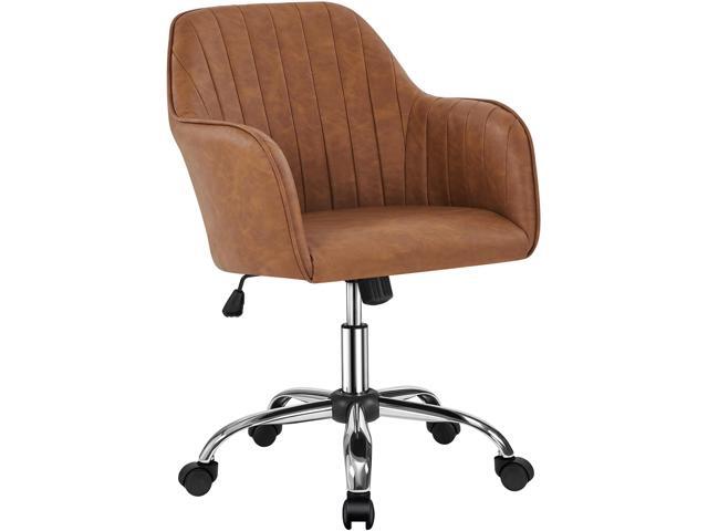 Modern Faux Leather Desk Chair Makeup Chair Height Adjustable Swivel Office Task Computer Armchair for Living Room Retro Brown