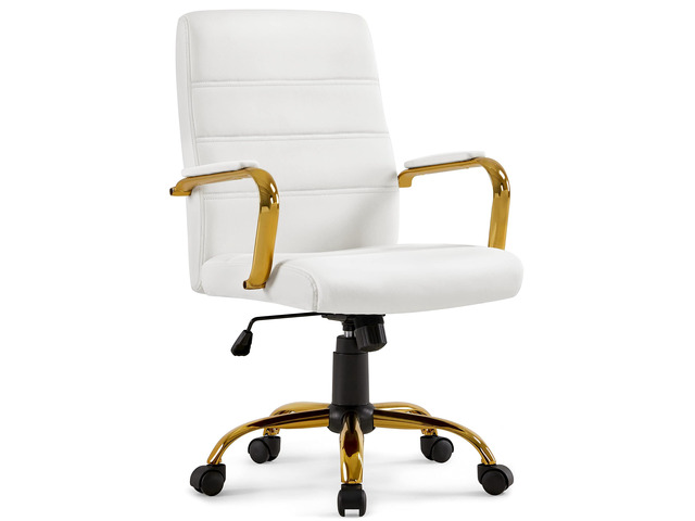 Office Desk Chair Mid-Back Adjustable PU Leather Executive Chair w/Gold Frame White Seat