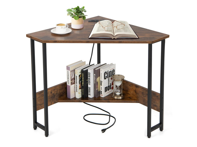 Corner Computer Desk, with USB Ports & Power Outlet, Storage Shelf for Small Space, Triangle Steel Frame Corner Desk for Home Office, Workstation...
