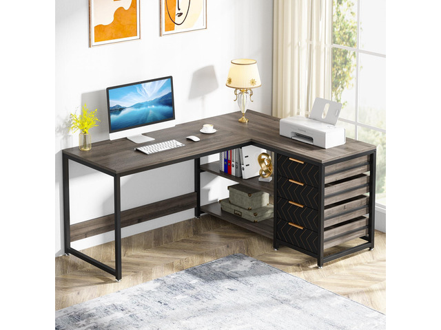 L Shaped Computer Desk with Storage Drawers, 59 inch Corner Desk with Shelves, Reversible L-Shaped Office Desk Writing Table Workstation for Home...