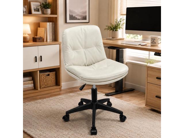 Vanity Chair with Back, PU Leather Swivel Office Desk Chair, Height Adjustable Armless Chair for Small Spaces, Bedroom, Vanity, Home Office Beige