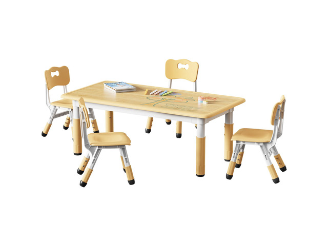 Height Adjustable Toddler Table and 4 Chairs Set, Beige Table Supports 300 lbs, Graffiti Desktop, Non-Slip Legs, Classroom/Daycare/Home, Children...