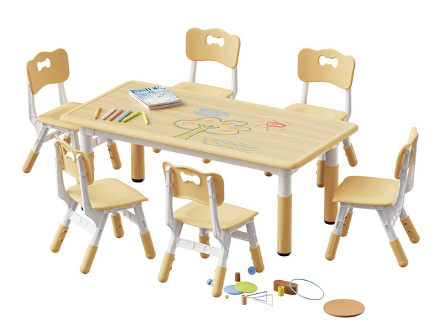 Height Adjustable Toddler Table and 6 Chairs Set, Beige Table Supports 300 lbs, Non-Toxic HDPE, Graffiti Desktop, Classroom/Daycare/Home,...