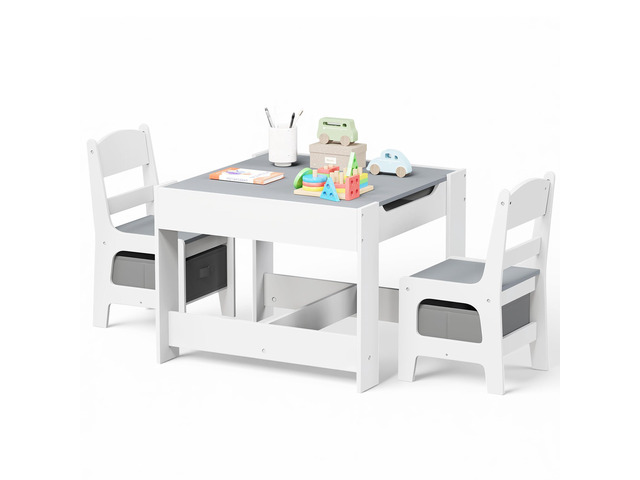 Kids Wood Table & 2 Chairs Set, Blackboard, Storage, Grey 3 in 1 Children Activity Table, Studying, Drawing, Toddler Furniture Set for Playroom,...