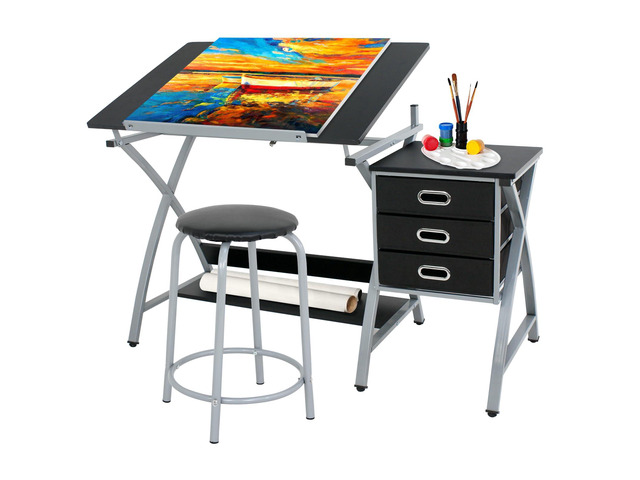 Drafting Table and Stool, Tilted Draft Table Desk w/Drawers, Artist Drawing Desk Craft Table for Drafting, Painting, Reading, Writing