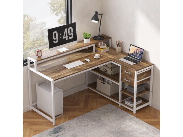 L Shaped Desk with Drawers and Storage Shelves, Corner Home Office Desk with Monitor Stand, 55' x 24' Desktop Computer Table, Gaming Study for...