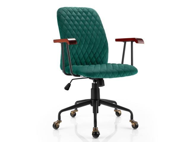 Home Office Desk Chair Green, Vintage Adjustable Swivel Rolling Chair with Copper Wheels & Armrest, Mid Century Leisure Chair, Velvet Upholstered.