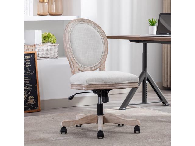 Armless Home Office Chair, Vintage Linen Fabric Desk Chair with Wheels and Mid Back Support, Swivel Vanity Chair for Bedroom, Beige