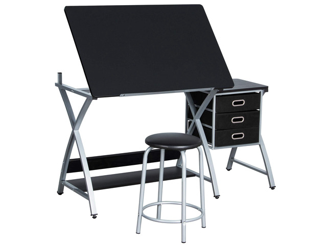 Drafting Tables, Draft Drawing Desk w/Stool and Tiltable Tabletop, 3 Storage Drawers, Reading, Writing Art Crafting Workstation, Black