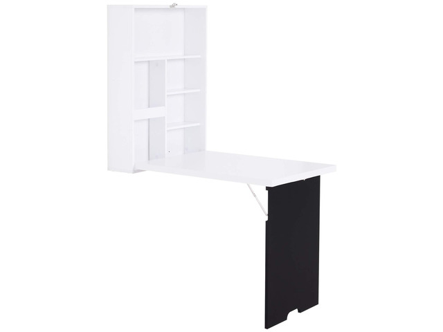 Wall Mounted Foldable Desk with a Blackboard, Fold Out Convertible Floating Desk with Shelves, 23.5' x 34.75'x 57.75', White