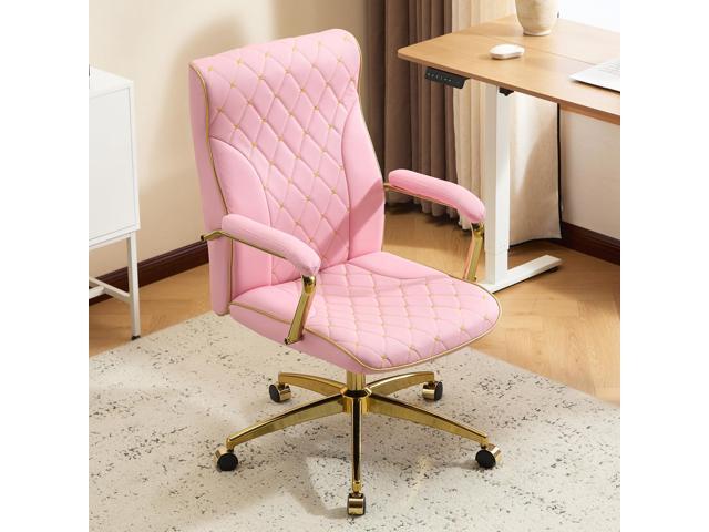 Pink and Gold Office Chair, Leather Office Chairs, Adjustable Vanity Chair with Golden Legs and Padded Armrest, Modern Upholstered Computer Chair.