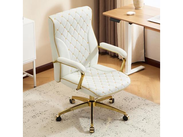 White and Gold Office Chair, Leather Office Chairs, Adjustable Vanity Chair with Golden Legs and Padded Armrest, Modern Upholstered Computer Chair.
