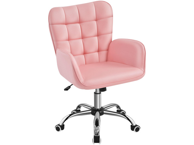 Modern Faux Leather Office Chair Ergonomic Adjustable Vanity Makeup Chair with Padded Armrests Big Seat for Office, Study, Home, Pink
