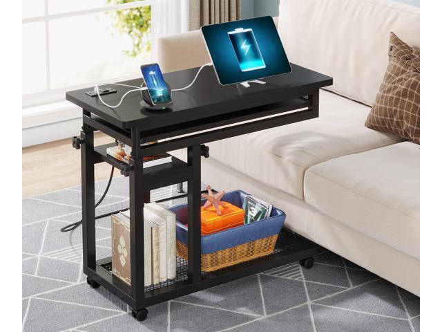 Small Portable Desk with Power Outlet, Height Adjustable Sofa Couch Bedside Laptop Table with Wheels, Mobile Standing Desk Rolling Computer Cart C...