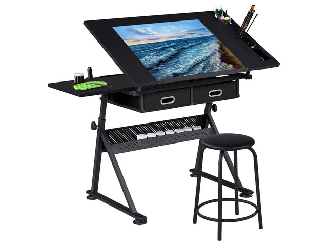 Art Craft Table Drawing Table Height Adjustable Drafting Desk Work Station with Tiltable Tabletop w/Stool and 2 Storage Drawers for Reading,...