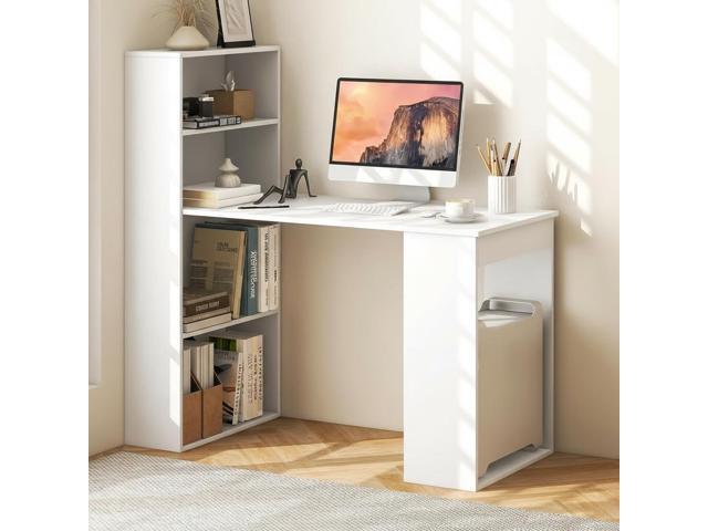 White Computer Desk with Bookshelf, Writing Study Desk with Storage Shelves & CPU Stand, Modern Compact Computer Workstation for Home & Office,.