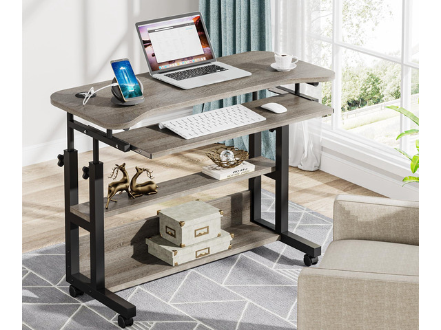 Portable Desk with Power Outlets, Height Adjustable Side Table Sofa Couch Bedside Laptop Computer Cart with USB Charging Ports, Mobile Small...