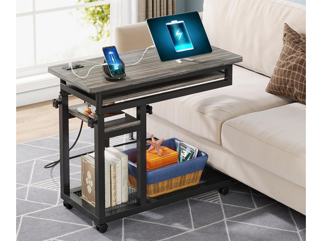Small Portable Desk with Power Outlet, Height Adjustable Sofa Couch Bedside Laptop Table with Wheels, Mobile Standing Desk Rolling Computer Cart C...
