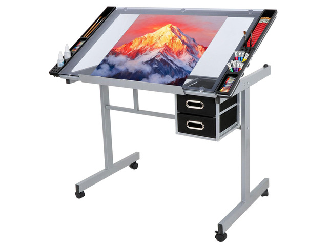 Adjustable Drafting Table Art Desk Drawing Table Versatile Art Craft Work Station Glass Tabletop w/2 Slide Drawers and Wheels for Reading, Writing,...