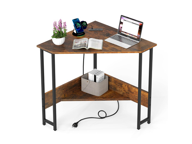 Corner Desk with Power Outlet & USB Ports, Triangle Computer Desk with Charging Station, Storage Shelf, Space Saving Writing Desk, Vanity Table,...