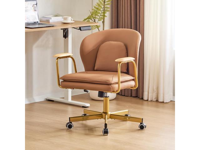 Leather Office Chairs, Gold Office Chair, Adjustable Swivel Computer Chair with Golden Legs and Wooden Padded Armrest, Modern Upholstered Task.