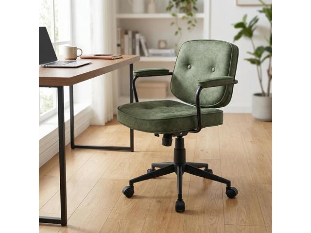 Comfy Green PU Leather Desk Chair, 360° Swivel Task Chair with Armrest, Thickened Seat, Tiltable & Button Tufted Design for Home Office Computer Use