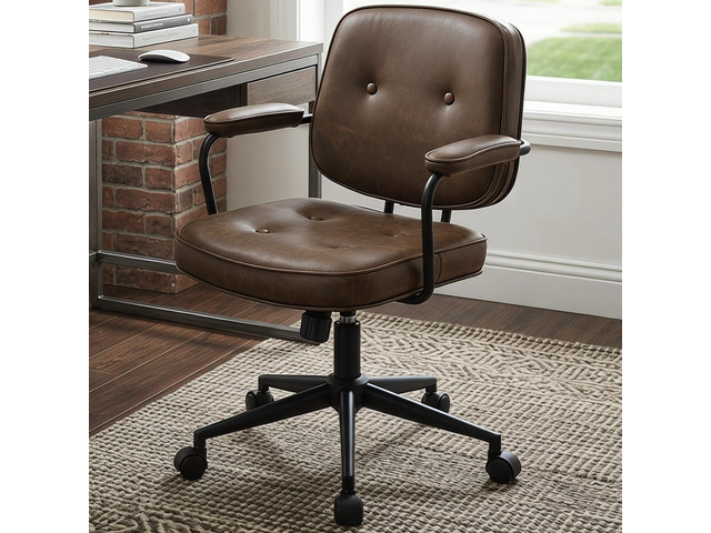 Retro PU Leather Office Computer Desk Chair with Armrest, Modern Mid Back Swivel Task Chair Rolling Adjustable Office Guest Chair for Home Office,...