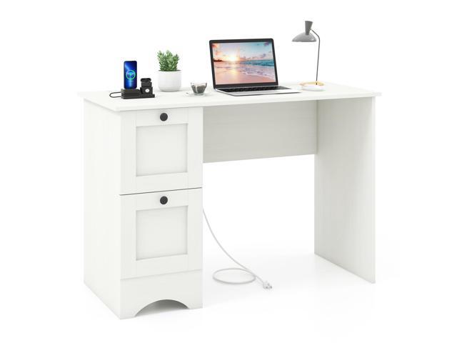 White Desk with Drawers & Charging Station, Wooden Home Office Desk PC Laptop Notebook Desk, Compact Study Desk Writing Desk, Computer Workstation.