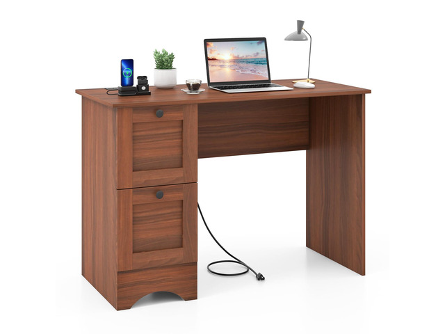 Computer Desk with Drawers & Charging Station, Wooden Home Office Desk PC Laptop Notebook Desk, Compact Study Desk Writing Desk, Computer...