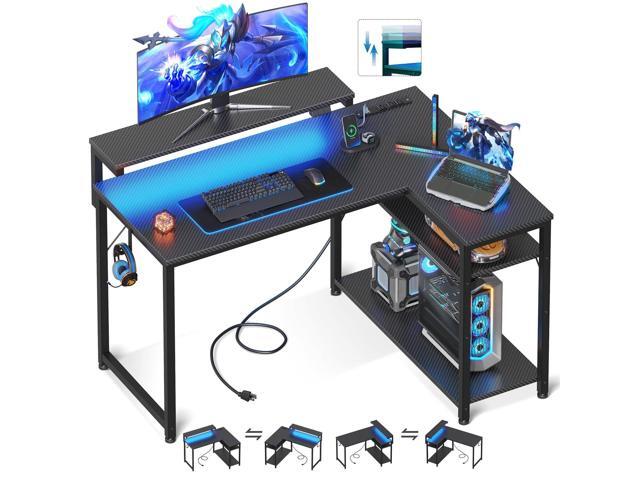 L Shaped Gaming Desk with Power Outlet, Reversible Gaming Desk with Height Adjustable Monitor Stand, Gaming Computer Desk 43inch with LED Lights,...