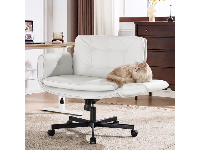 Criss Cross Chair with 5-Position Adjustable Arms, Pet-Friendly PU Leather Swivel Vanity Chair with Wheels, Comfortable Extra Wide Computer Desk...