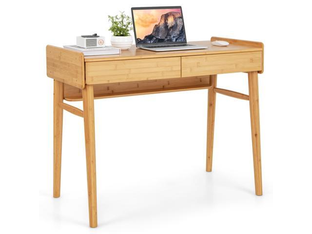 Bamboo Mid Century Desk with 2 Storage Drawers, Home Office Study Writing Desk with Shelf & Cable Management Groove, Home Office Desk for Working &.