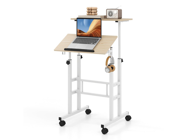 Mobile Standing Desk, Height-Adjustable Laptop Podium Cart with Tilting Tabletop & Adjustable Angle, Rolling Stand Up Computer Desk with 2 Hanging...