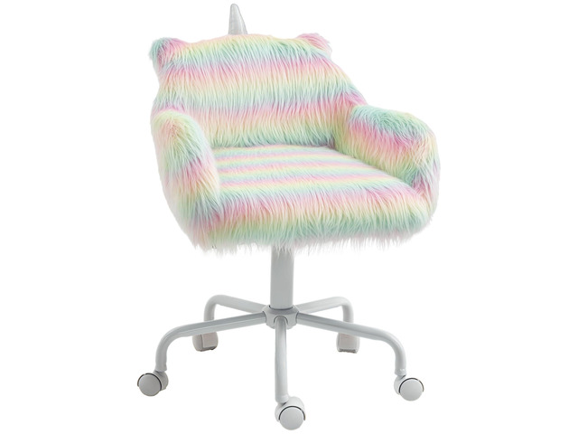 Fluffy Unicorn Office Chair, Mid-Back Support, Rainbow with Armrest Support, 5 Star Swivel Wheel, White Base