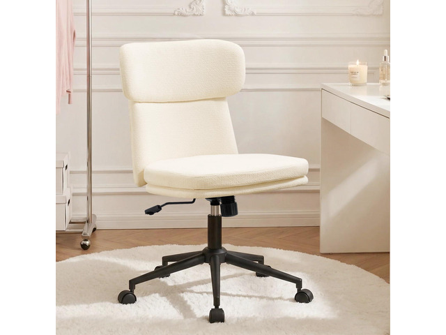 Armless Office Chair, Upholstered Chenille Desk Chair with Wheels, Adjustable Swivel Computer Vanity Chair with Double-Layer Cushion, Beige