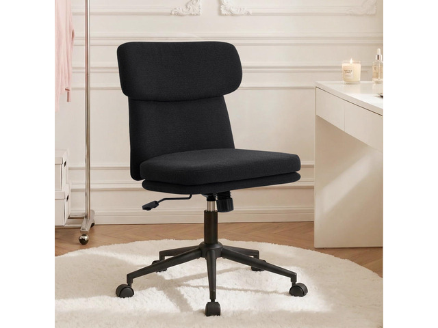 Armless Office Chair, Upholstered Chenille Desk Chair with Wheels, Adjustable Swivel Computer Vanity Chair with Double-Layer Cushion, Black