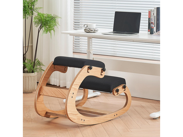 Ergonomic Kneeling Chair,Adjustable Rocking Knee Chair for Home Office,Wooden Office Chair for Back Pain Relief, Black